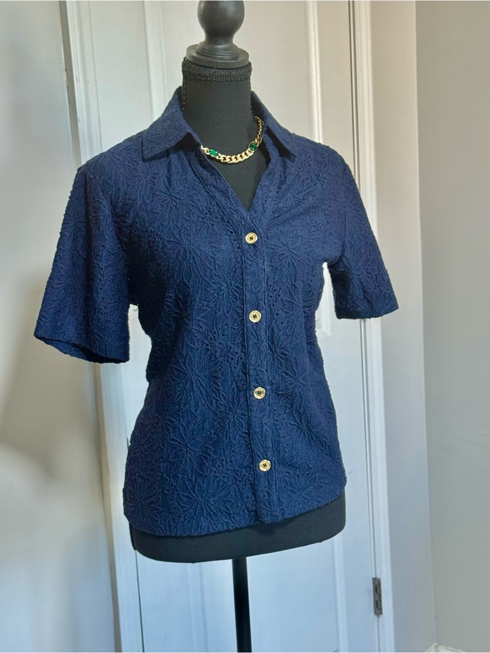 Michael Kors Navy Floral Jacquard Button-Front Top